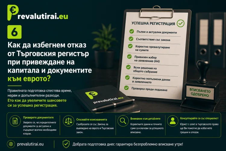 Как да избегнем отказ от Търговския регистър при привеждане на капитала и дружествените документи към еврото?